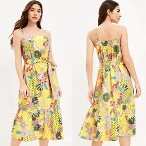 Loft Dress Women's Size 8 Yellow Floral Strappy‎ Flounce Midi Dress